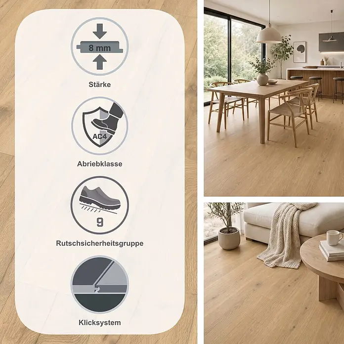 Egger Laminat NatureSense - Loja Eiche natur, Landhausdiele, 1.292 x 193 x 8 mm - Helle Eichenlaminatboden, 8mm dick, Abriebklasse AC4, allergikergeeignet, Rutschsicherheitsgruppe 9. Gezeigt in modernen Wohnräumen.