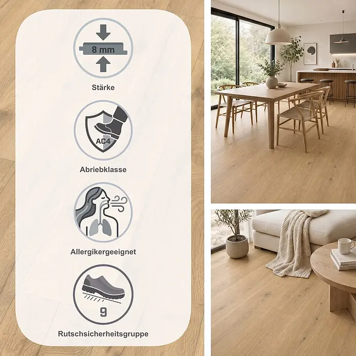 Egger Laminat NatureSense - Loja Eiche natur, Landhausdiele, 1.292 x 193 x 8 mm - Helle Eichenlaminatboden, 8mm dick, Abriebklasse AC4, allergikergeeignet, Rutschsicherheitsgruppe 9. Gezeigt in modernen Wohnräumen.