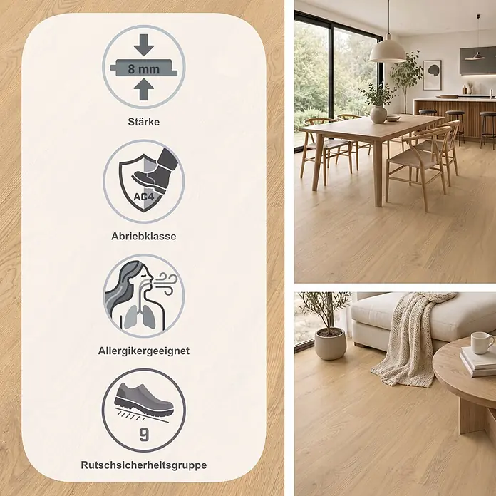 Egger Laminat NatureSense - Matera Eiche hell, Landhausdiele, 1.292 x 193 x 8 mm - Helle Holzoptik-Laminatboden in Ess- und Wohnzimmer, mit 8 mm Stärke, Abriebklasse AC4, Allergikerfreundlichkeit und Rutschsicherheitsgruppe 9.