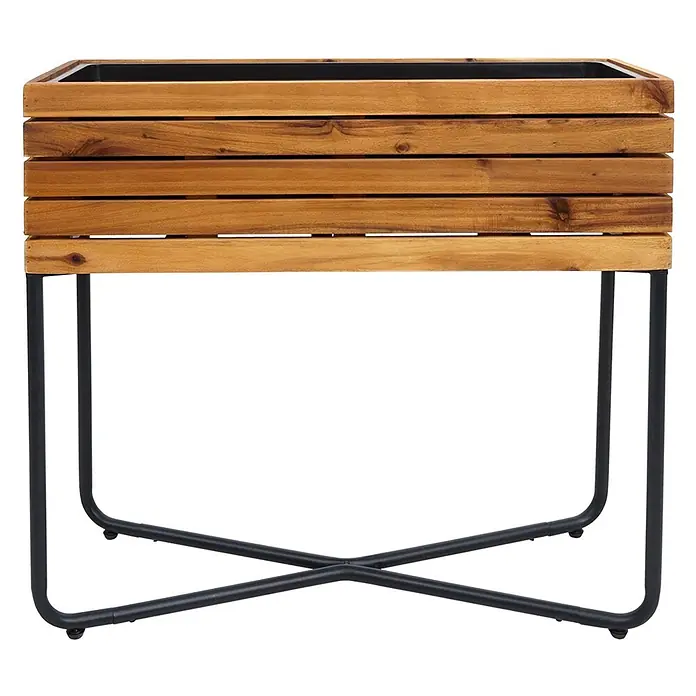 Proregal Pflanzkasten Set - 2 Stk., Holz, Braun - Rechteckiger Holz-Lamellen-Pflanzkasten mit schwarzem Metallständer.