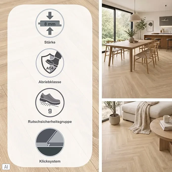 Egger Laminat NatureSense Herringbone - Newport Eiche creme, Fischgrät, 840 x 168 x 8 mm - Heller Holzoptik-Fischgrätboden (8mm stark, Abriebklasse AC4, allergikergeeignet, Rutschsicherheitsgruppe 9) in modernen Wohnräumen.
