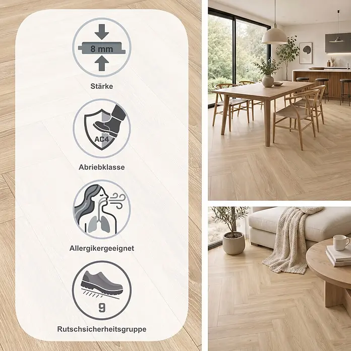 Egger Laminat NatureSense Herringbone - Newport Eiche creme, Fischgrät, 840 x 168 x 8 mm - Heller Holzoptik-Fischgrätboden (8mm stark, Abriebklasse AC4, allergikergeeignet, Rutschsicherheitsgruppe 9) in modernen Wohnräumen.