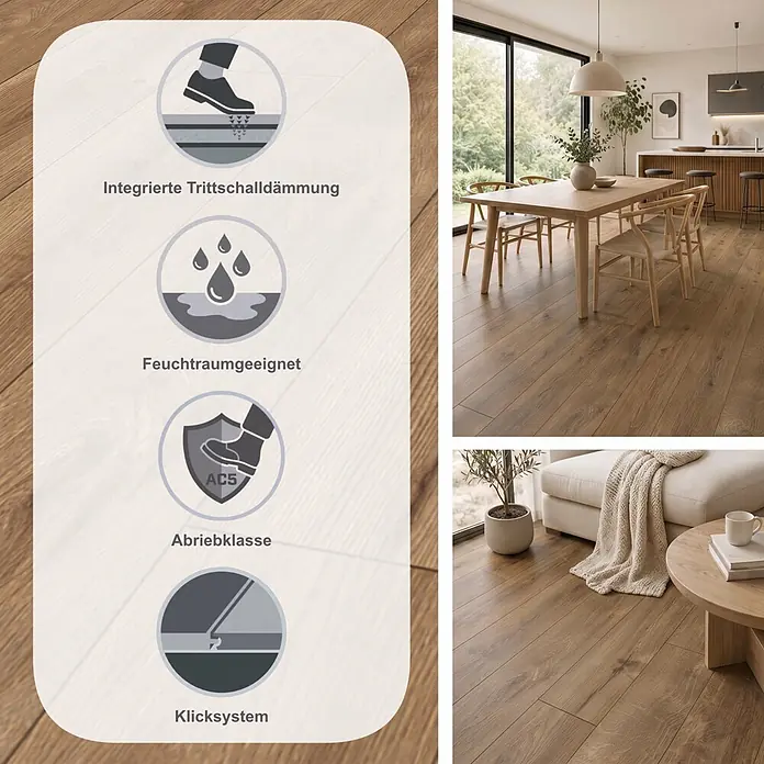 Krono Original Laminat Organic Clever Silent - Hillside Oak, Landhausdiele, 1.288 x 195 x 7 mm - Mittelbrauner Laminatboden. Merkmale: Trittschalldämmung, feuchtraumgeeignet, Abriebklasse AC5, Klicksystem. In modernen Wohnräumen gezeigt.
