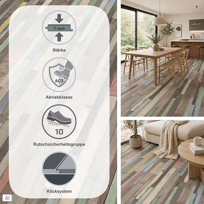 Egger Laminat NatureSense - Dimas Wood bunt, Schiffsboden, 1.292 x 193 x 7 mm - Mehrfarbiger Boden in Holzoptik (Used-Look), 7mm stark, AC3, allergikerfreundlich, Rutschsicherheitsgruppe 10, in modernen Wohnräumen verlegt.
