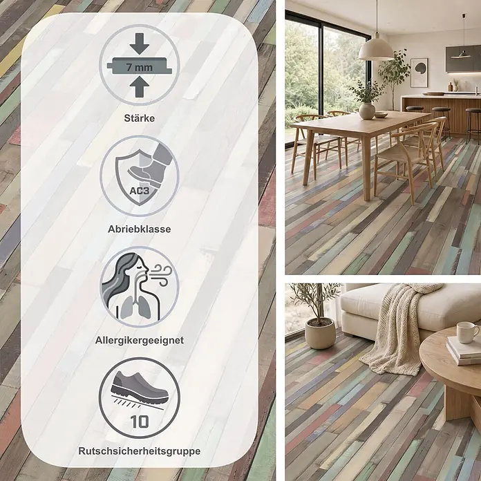 Egger Laminat NatureSense - Dimas Wood bunt, Schiffsboden, 1.292 x 193 x 7 mm - Mehrfarbiger Boden in Holzoptik (Used-Look), 7mm stark, AC3, allergikerfreundlich, Rutschsicherheitsgruppe 10, in modernen Wohnräumen verlegt.