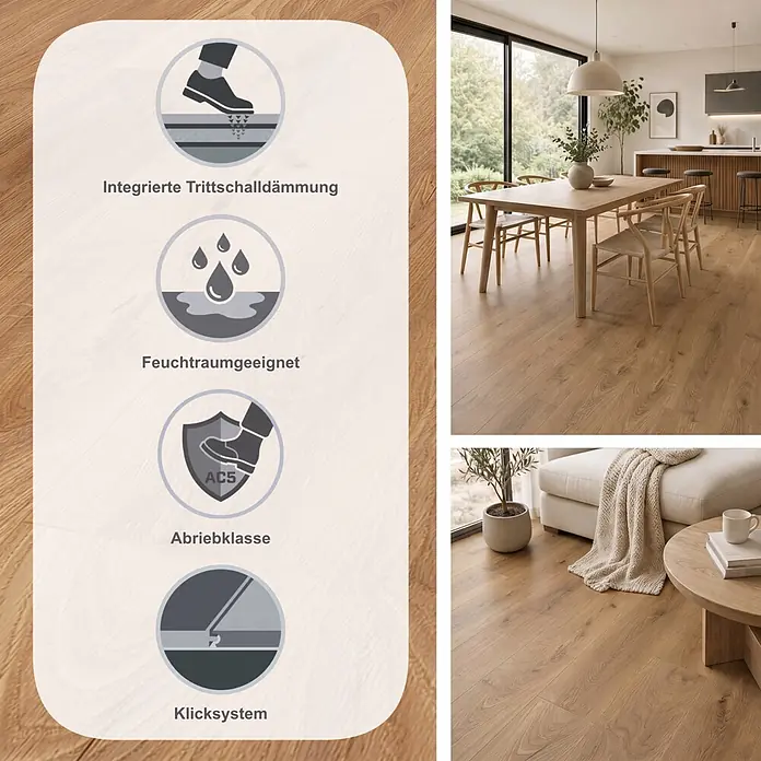Krono Original Laminat Organic Clever Silent - Heathland Oak, Landhausdiele, 1.288 x 195 x 7 mm - Laminatboden in heller Holzoptik, verlegt in modernen Wohnräumen, mit Symbolen für Trittschalldämmung, Feuchtraumeignung, Abriebklasse AC5 und Klicksystem.