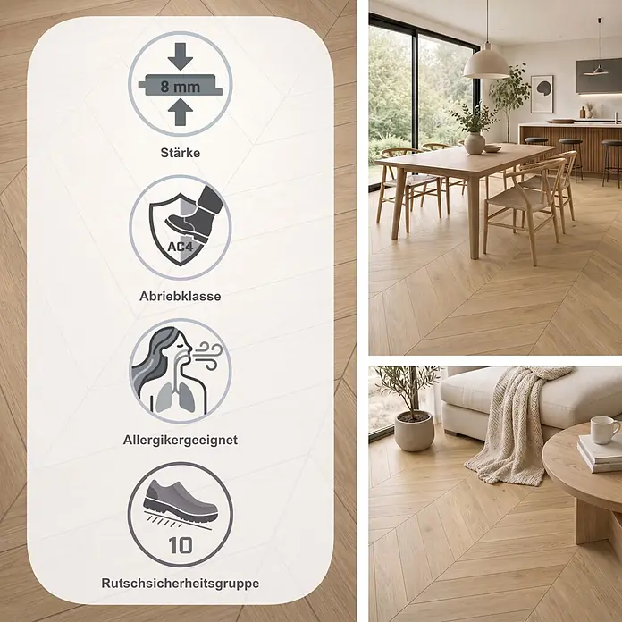 Egger Laminat NatureSense Herringbone - Baronia Eiche sand, Fischgrät, 840 x 168 x 8 mm - Helles Fischgrät-Holzboden, 8mm, AC4 Abriebklasse, Allergikergeeignet, Rutschsicherheitsgruppe 10, in modernem Zuhause.