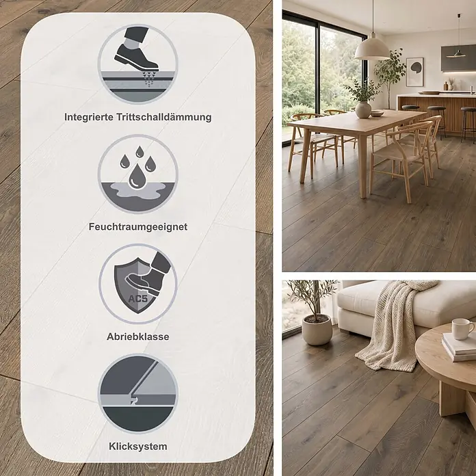 Krono Original Laminat Organic Clever Long Silent - Hare Tegernsee Oak, Landhausdiele, 2.003 x 245 x 7 mm - Brauner Laminatboden in Holzoptik mit Trittschalldämmung, Feuchtraumeignung, Abriebklasse AC5 und Klicksystem. In modernem Zuhause installiert gezeigt.