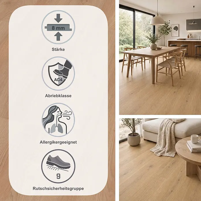 Egger Laminat NatureSense - Conway Eiche, Landhausdiele, 1.292 x 193 x 8 mm - Heller Laminatboden in Holzoptik für den Wohnbereich, mit 8 mm Stärke, Abriebklasse AC4, Allergikerfreundlichkeit und Rutschsicherheitsgruppe 9.