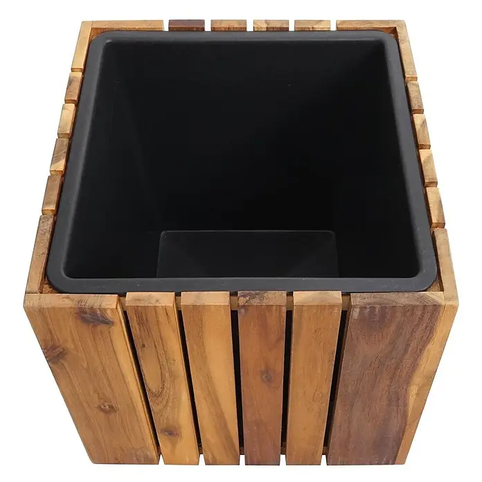 Proregal Pflanzkasten Eckig - 1 Stk., Holz, Braun - Quadratischer Blumenkasten aus Holzleisten mit schwarzem Kunststoffeinsatz.