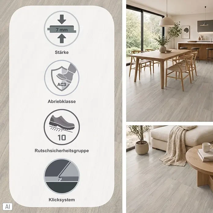 Egger Laminat NatureSense - Charlotte Eiche hellgrau, Landhausdiele, 1.292 x 193 x 7 mm - Heller Holzboden: 7 mm, Abriebklasse AC3, allergikerfreundlich, rutschfest. Abgebildet in modernem Ess- und Wohnbereich.