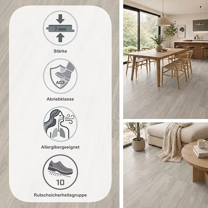 Egger Laminat NatureSense - Charlotte Eiche hellgrau, Landhausdiele, 1.292 x 193 x 7 mm - Heller Holzboden: 7 mm, Abriebklasse AC3, allergikerfreundlich, rutschfest. Abgebildet in modernem Ess- und Wohnbereich.