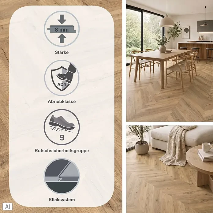 Egger Laminat NatureSense - Rillington Eiche dunkel, Fischgrät, 1.292 x 327 x 8 mm - Laminatboden in Fischgrätmuster und natürlichem Holzton, präsentiert in modernen Wohnräumen mit Produktspezifikationen.