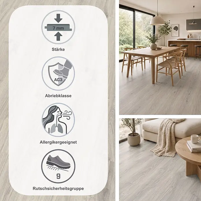 Egger Laminat NatureSense - Zermatt Eiche hell, Landhausdiele, 1.292 x 193 x 7 mm - Heller Eichenoptik-Laminatboden in modernem Zuhause, mit 7mm Stärke, Abriebklasse AC3, Allergiker-Eignung und Rutschsicherheit.