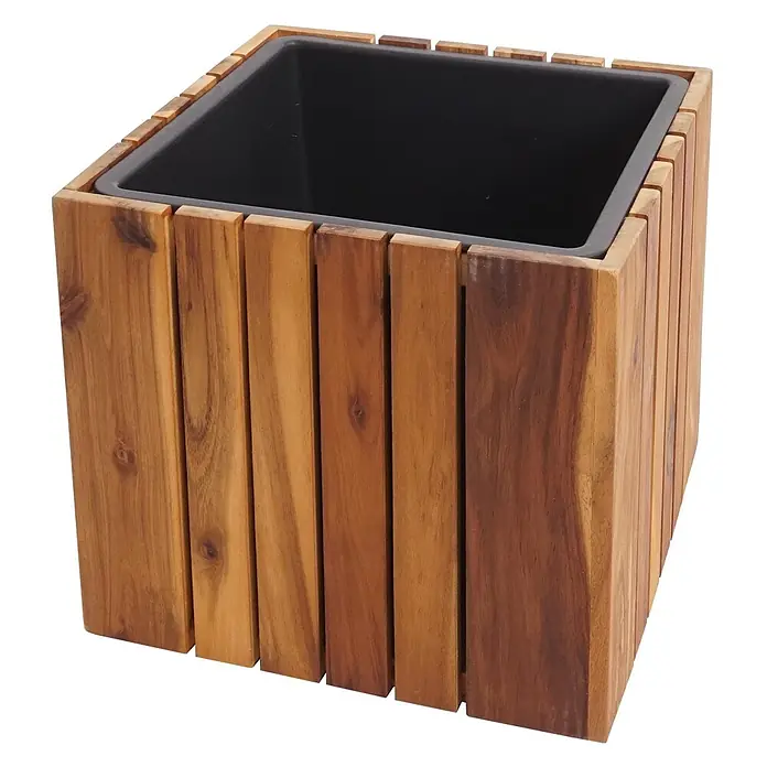 Proregal Pflanzkasten Eckig - 1 Stk., Holz, Braun - Quadratischer Pflanzkübel aus Holzlatten mit schwarzem Kunststoffeinsatz.