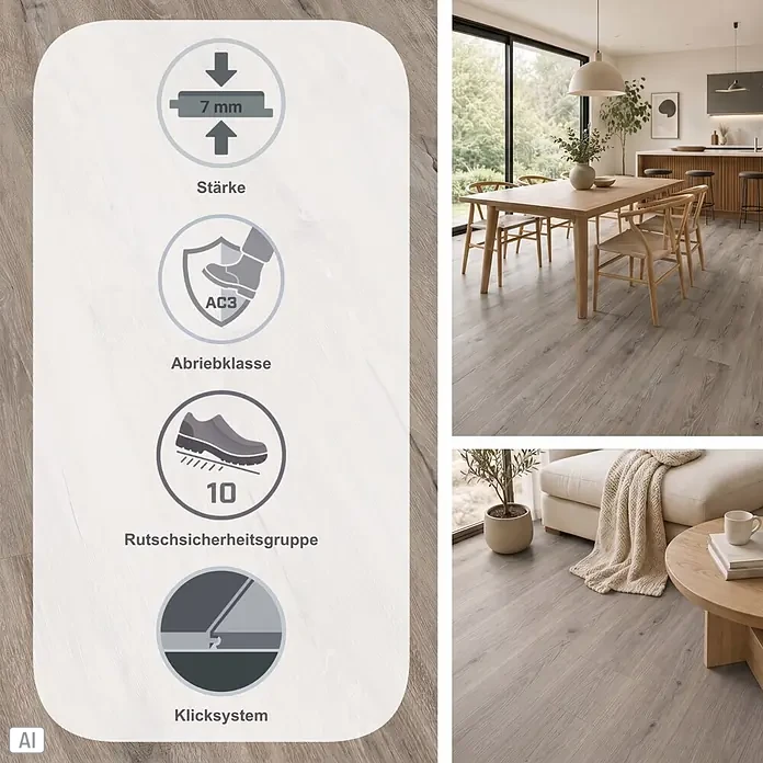 Egger Laminat NatureSense - Melba Eiche grau, Landhausdiele, 1.292 x 193 x 7 mm - Heller Laminatboden in Holzoptik, 7mm, Abriebklasse AC3, allergikerfreundlich, Rutschsicherheitsgruppe 10, in modernen Wohnräumen gezeigt.