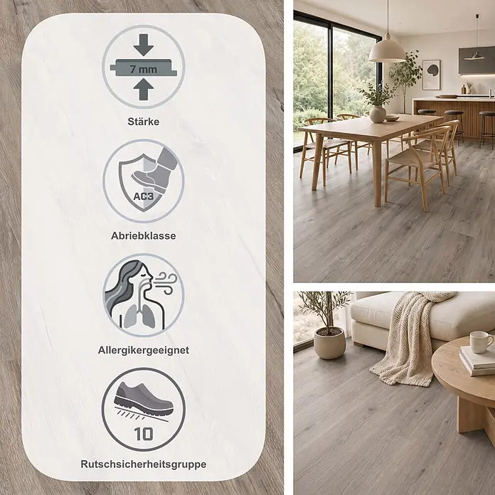 Egger Laminat NatureSense - Melba Eiche grau, Landhausdiele, 1.292 x 193 x 7 mm - Heller Laminatboden in Holzoptik, 7mm, Abriebklasse AC3, allergikerfreundlich, Rutschsicherheitsgruppe 10, in modernen Wohnräumen gezeigt.