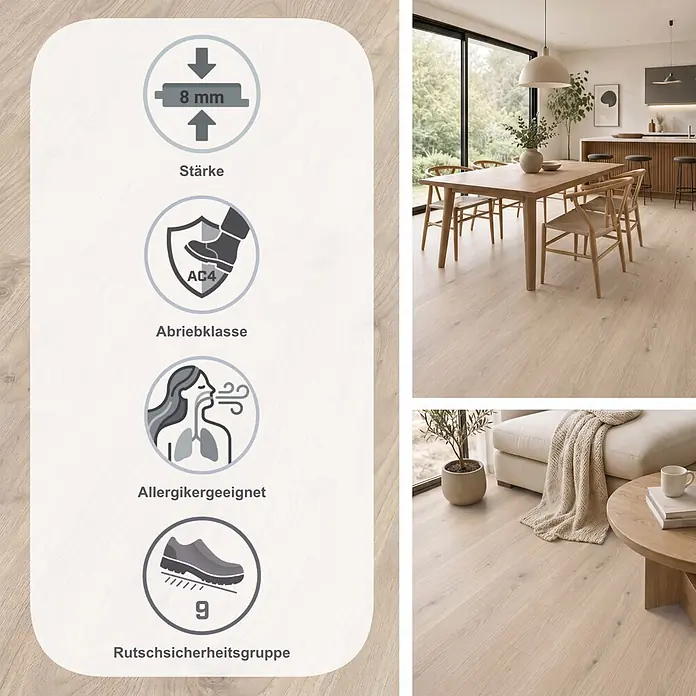 Egger Laminat NatureSense - Ashcroft Wood, Landhausdiele, 1.292 x 193 x 8 mm - Heller Laminatboden in modernen Wohnräumen, mit 8mm Stärke, Abriebklasse AC4, allergikerfreundlich und Rutschfestigkeit R9.