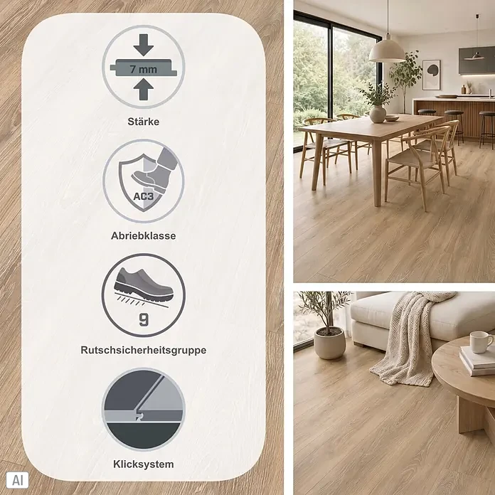 Egger Laminat NatureSense - Newport Eiche hellbraun, Landhausdiele, 1.292 x 193 x 7 mm - Helles Laminat in Holzoptik mit 7mm Stärke, Abriebklasse AC3, allergikergeeignet, Rutschsicherheitsgruppe 9, in modernen Wohnräumen dargestellt.