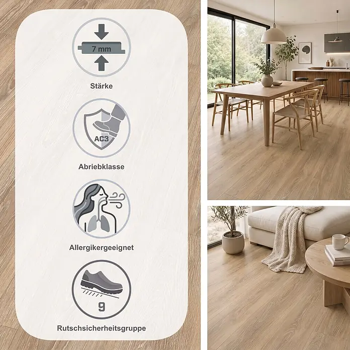 Egger Laminat NatureSense - Newport Eiche hellbraun, Landhausdiele, 1.292 x 193 x 7 mm - Helles Laminat in Holzoptik mit 7mm Stärke, Abriebklasse AC3, allergikergeeignet, Rutschsicherheitsgruppe 9, in modernen Wohnräumen dargestellt.