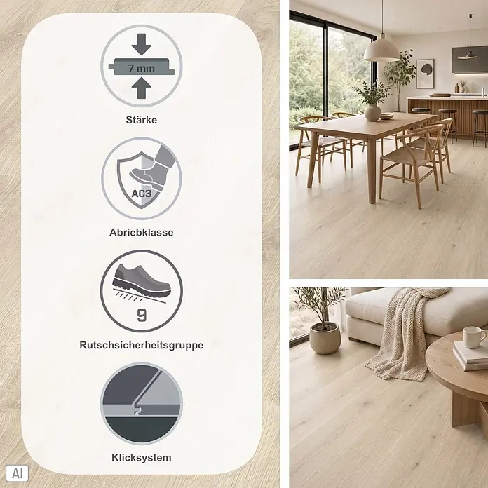 Egger Laminat NatureSense - Brook Eiche weiss, Landhausdiele, 1.292 x 193 x 7 mm - Heller Laminatboden in Holzoptik, 7 mm stark, Abriebklasse AC3, Allergiker geeignet, Rutschgruppe 9. Dargestellt in einem modernen Wohnraum.