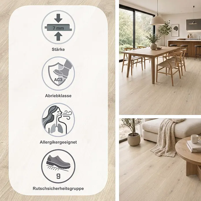 Egger Laminat NatureSense - Brook Eiche weiss, Landhausdiele, 1.292 x 193 x 7 mm - Heller Laminatboden in Holzoptik, 7 mm stark, Abriebklasse AC3, Allergiker geeignet, Rutschgruppe 9. Dargestellt in einem modernen Wohnraum.
