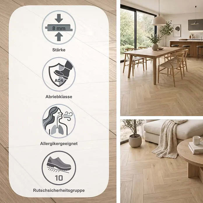 Egger Laminat NatureSense Herringbone - Baronia Eiche hell, Fischgrät, 840 x 168 x 8 mm - Heller Fischgrätboden (8mm, AC4) in modernem Zuhause, allergikerfreundlich und rutschhemmend (R10).