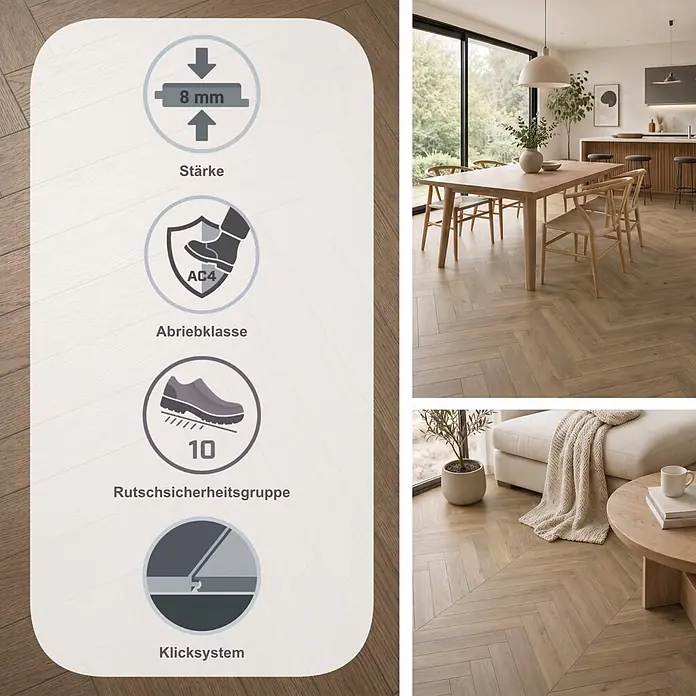 Egger Laminat NatureSense Herringbone - Turin Eiche, Fischgrät, 840 x 168 x 8 mm - Hellerbrauner Fischgrät-Boden in Holzoptik: 8mm Stärke, Abriebklasse AC4, allergikergeeignet und R10 Rutschsicherheit, gezeigt in modernen Wohnräumen.