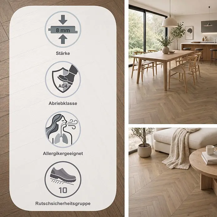 Egger Laminat NatureSense Herringbone - Turin Eiche, Fischgrät, 840 x 168 x 8 mm - Hellerbrauner Fischgrät-Boden in Holzoptik: 8mm Stärke, Abriebklasse AC4, allergikergeeignet und R10 Rutschsicherheit, gezeigt in modernen Wohnräumen.
