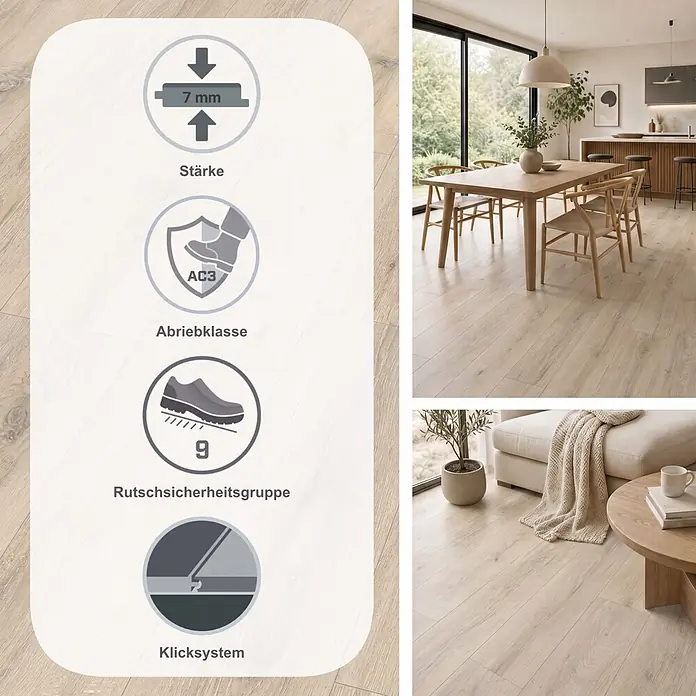 Egger Laminat NatureSense - Kreideeiche, Landhausdiele, 1.292 x 193 x 7 mm - Heller Holzfußboden mit 7mm Stärke, Abriebklasse AC3, allergikergeeignet und Rutschsicherheitsgruppe 9, in modernem Zuhause.