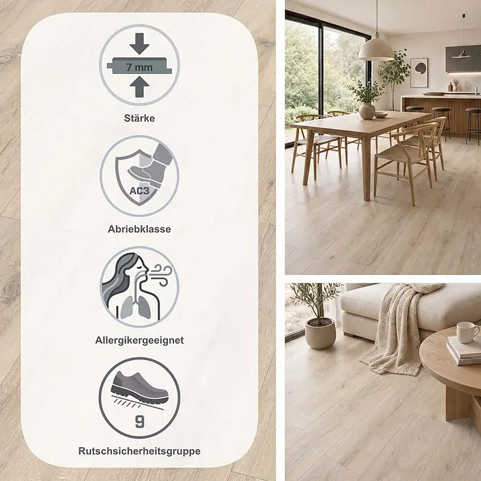 Egger Laminat NatureSense - Kreideeiche, Landhausdiele, 1.292 x 193 x 7 mm - Heller Holzfußboden mit 7mm Stärke, Abriebklasse AC3, allergikergeeignet und Rutschsicherheitsgruppe 9, in modernem Zuhause.