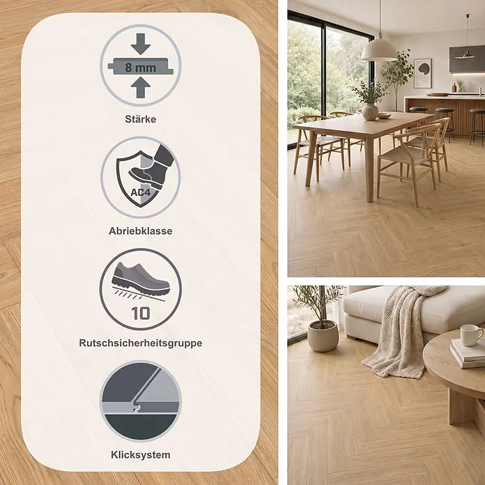 Egger Laminat NatureSense Herringbone - Casella Eiche natur, Fischgrät, 840 x 168 x 8 mm - Helles Holzparkett im Fischgrätmuster mit Merkmalen: 8mm, AC4 Abrieb, allergenfreundlich, Rutschfestigkeit 10. Gezeigt in modernen Wohnräumen.