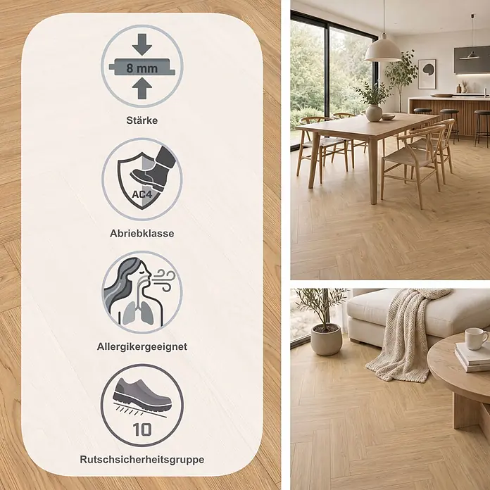 Egger Laminat NatureSense Herringbone - Casella Eiche natur, Fischgrät, 840 x 168 x 8 mm - Helles Holzparkett im Fischgrätmuster mit Merkmalen: 8mm, AC4 Abrieb, allergenfreundlich, Rutschfestigkeit 10. Gezeigt in modernen Wohnräumen.