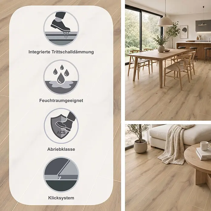 Krono Original Laminat Organic Clever Silent - Organic Oak, Landhausdiele, 1.288 x 195 x 7 mm - Heller Laminatboden mit integrierter Trittschalldämmung, Feuchtraumeignung, Abriebklasse AC5 und Klicksystem.