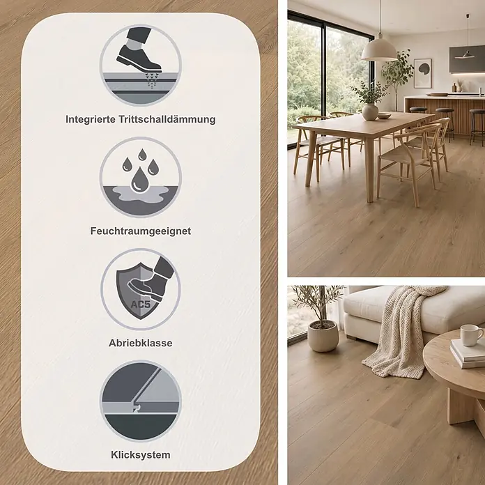 Krono Original Laminat Organic Clever Long Silent - Natura Montreux Oak, Landhausdiele, 2.003 x 245 x 7 mm - Heller Holz-Look-Boden mit Trittschalldämmung, Feuchtraumeignung, Abriebklasse AC5 und Klicksystem, gezeigt in einem modernen Zuhause.