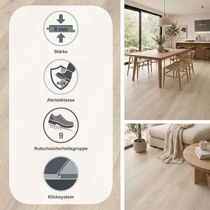 Egger Laminat NatureSense - Elton Eiche weiss, Landhausdiele, 1.292 x 193 x 8 mm - Helles Holz-Laminatboden, 8mm dick, AC4 Abrieb, allergikerfreundlich und R9 rutschfest, in modernem Wohnambiente dargestellt.