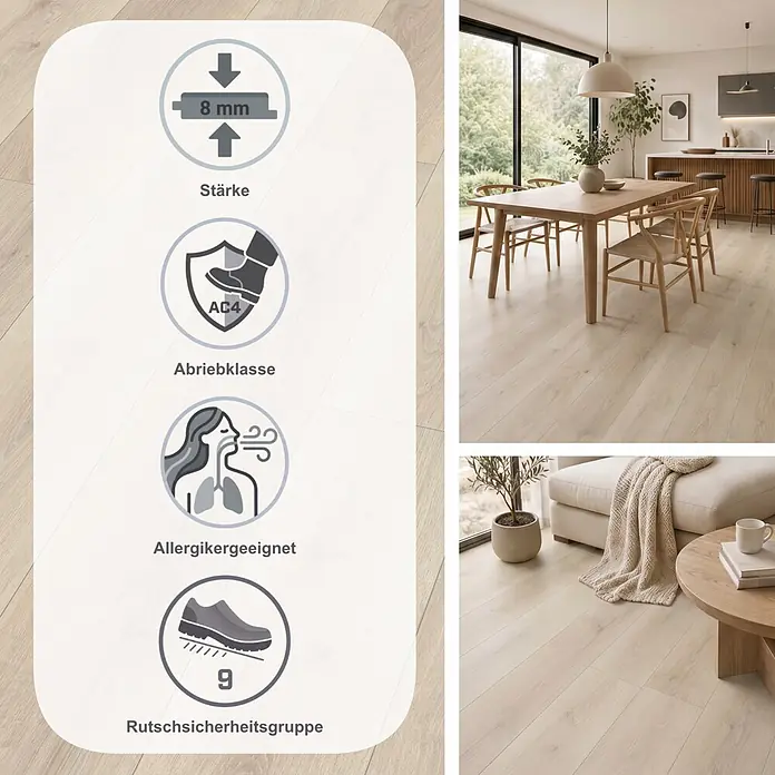 Egger Laminat NatureSense - Elton Eiche weiss, Landhausdiele, 1.292 x 193 x 8 mm - Helles Holz-Laminatboden, 8mm dick, AC4 Abrieb, allergikerfreundlich und R9 rutschfest, in modernem Wohnambiente dargestellt.