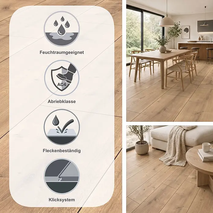 LOGOCLIC Vinto Laminat - Eiche Palazzo, Landhausdiele, 1.288 x 330 x 8 mm - Helles Eichenholz-Optik-Boden in modernem Zuhause, betont Wasserdichtigkeit, Abriebklasse AC4, Allergiker- und Fleckenbeständigkeit.