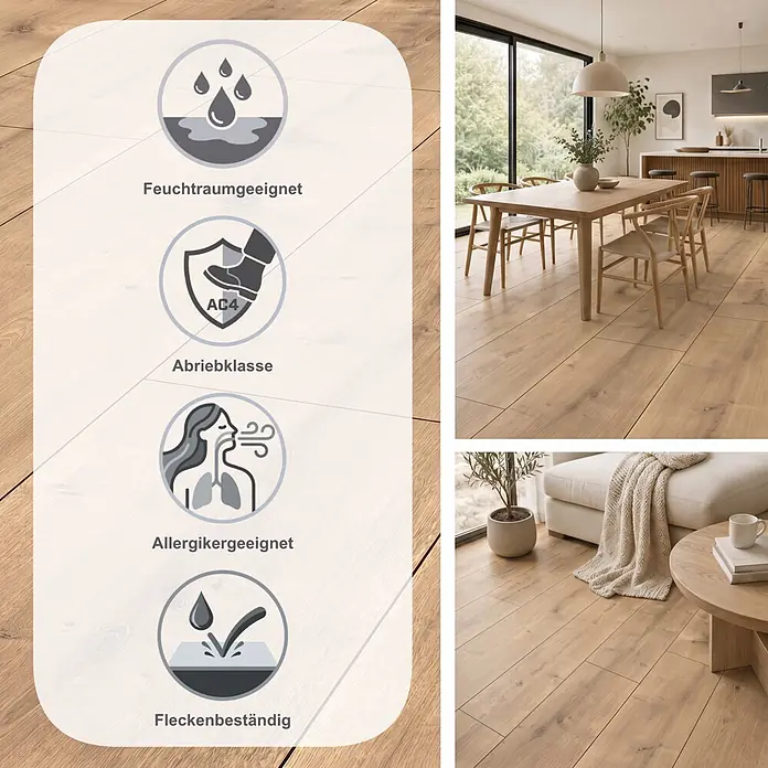 LOGOCLIC Vinto Laminat - Eiche Palazzo, Landhausdiele, 1.288 x 330 x 8 mm - Helles Eichenholz-Optik-Boden in modernem Zuhause, betont Wasserdichtigkeit, Abriebklasse AC4, Allergiker- und Fleckenbeständigkeit.
