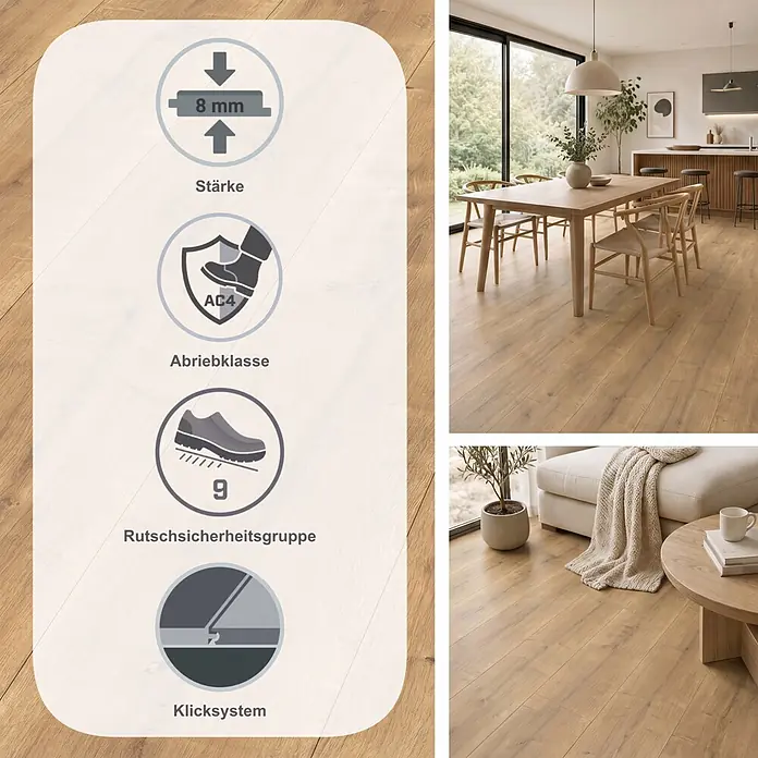 Egger Laminat NatureSense - Hamilton Eiche, Landhausdiele, 1.292 x 327 x 8 mm - Heller Holzfußboden mit 8mm Stärke, Abriebklasse AC4, allergikergeeignet und Rutschsicherheitsgruppe 9, gezeigt in modernen Wohnräumen.