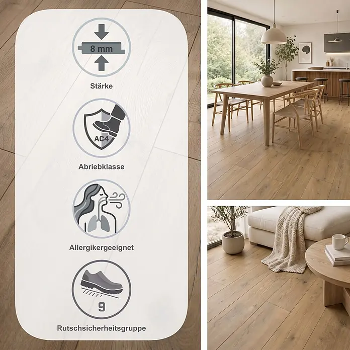 Egger Laminat NatureSense - Loja Eiche braun, Landhausdiele, 1.292 x 246 x 8 mm - Laminatboden (8mm, AC4, allergikerfreundlich, Rutschsicherheitsgruppe 9) in hellen, modernen Innenräumen.