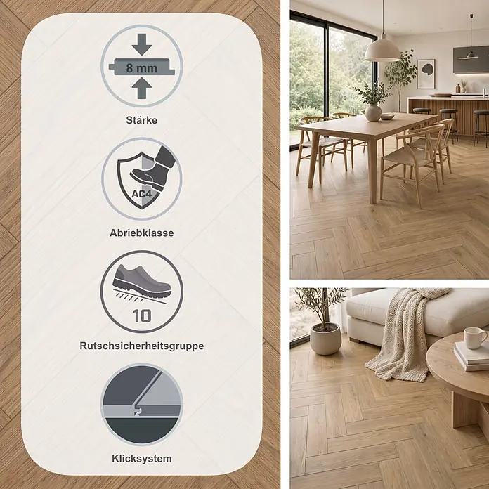 Egger Laminat NatureSense Herringbone - Baronia Eiche braun, Fischgrät, 840 x 168 x 8 mm - Heller Holz-Fischgrätboden, 8mm stark, AC4, rutschfest und allergikerfreundlich. Präsentiert in modernen Ess- und Wohnbereichen.