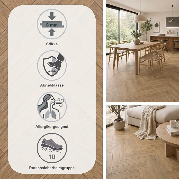 Egger Laminat NatureSense Herringbone - Baronia Eiche braun, Fischgrät, 840 x 168 x 8 mm - Heller Holz-Fischgrätboden, 8mm stark, AC4, rutschfest und allergikerfreundlich. Präsentiert in modernen Ess- und Wohnbereichen.