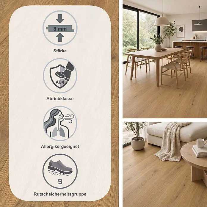 Egger Laminat NatureSense - Asgil Eiche honig, Landhausdiele, 1.292 x 193 x 8 mm - Heller Holzboden mit 8mm Stärke, Abriebklasse AC4, allergikergeeignet, Rutschsicherheitsgruppe 9, in modernem Zuhause.