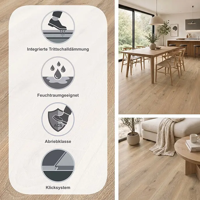 Krono Original Laminat Organic Clever Silent - Ashland Oak, Landhausdiele, 1.288 x 195 x 7 mm - Heller Laminatboden in Ess- und Wohnzimmer-Szenen, mit integrierter Trittschalldämmung, Feuchtraumeignung, Abriebklasse AC5 und Klicksystem.
