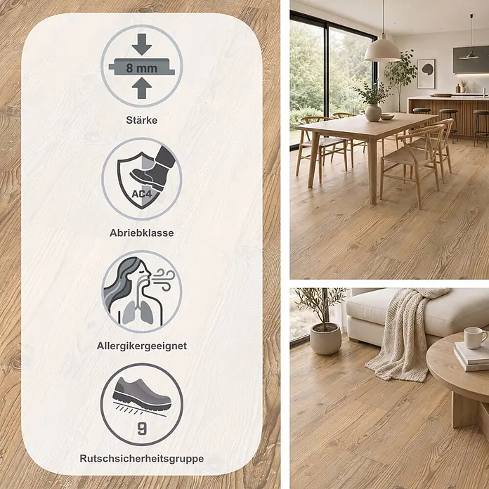 Egger Laminat NatureSense - Sonnenberg Fichte vintage, Landhausdiele, 1.292 x 193 x 8 mm - Heller Holzoptik-Bodenbelag, 8 mm dick, Abriebklasse AC4, allergikerfreundlich und rutschfest, verlegt in modernen Ess- und Wohnbereichen.