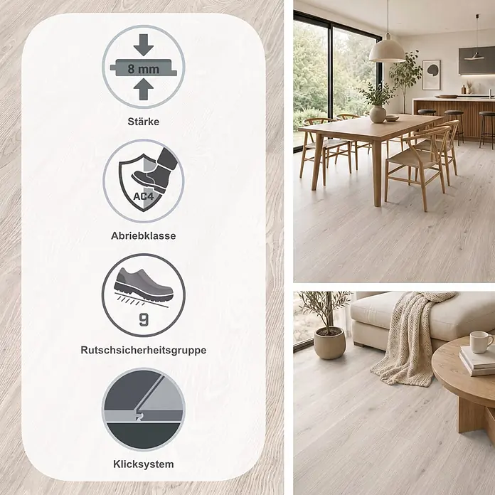 Egger Laminat NatureSense - Girona Kastanie weiss, Landhausdiele, 1.292 x 193 x 8 mm - Helle Laminatböden in Holzoptik für moderne Wohnräume, mit 8 mm Stärke, Abriebklasse AC4, allergikerfreundlichem Design und Rutschsicherheitsgruppe 9.