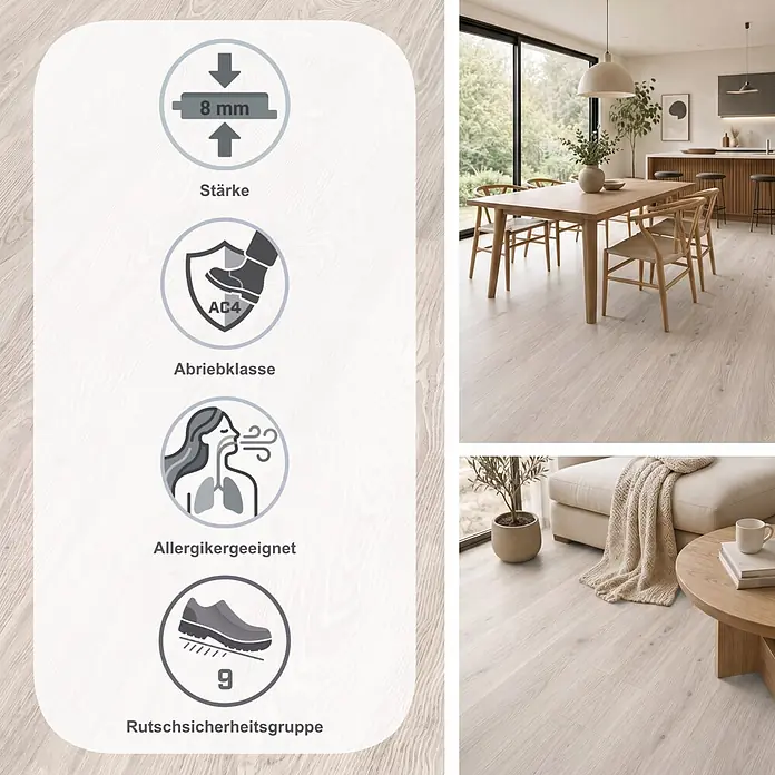 Egger Laminat NatureSense - Girona Kastanie weiss, Landhausdiele, 1.292 x 193 x 8 mm - Helle Laminatböden in Holzoptik für moderne Wohnräume, mit 8 mm Stärke, Abriebklasse AC4, allergikerfreundlichem Design und Rutschsicherheitsgruppe 9.