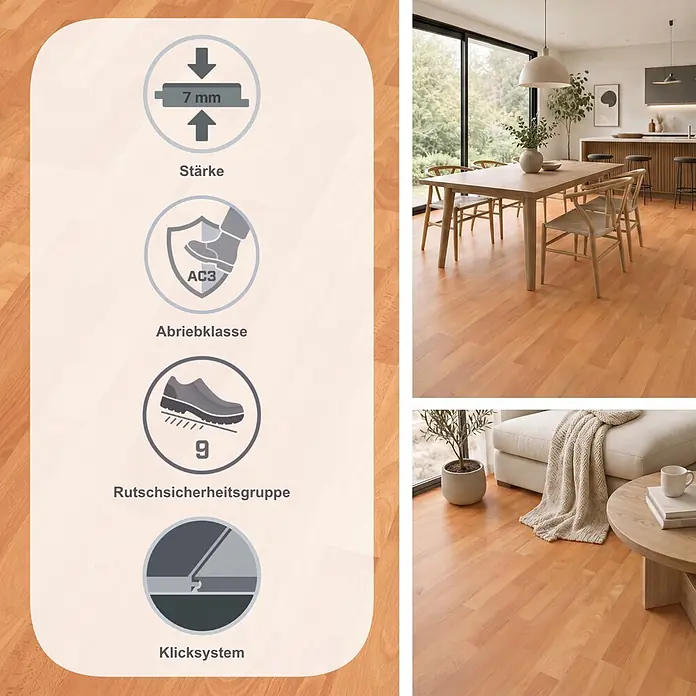 Egger Laminat NatureSense - Buche SB rustikal, Schiffsboden, 1.292 x 193 x 7 mm - Helles Laminat in Holzoptik mit Funktionssymbolen, gezeigt in modernen Ess- und Wohnzimmern.