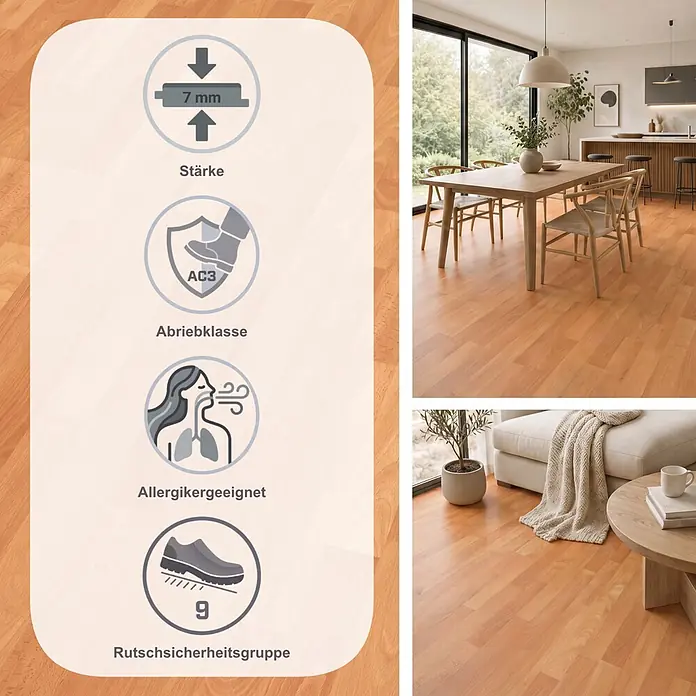 Egger Laminat NatureSense - Buche SB rustikal, Schiffsboden, 1.292 x 193 x 7 mm - Helles Laminat in Holzoptik mit Funktionssymbolen, gezeigt in modernen Ess- und Wohnzimmern.